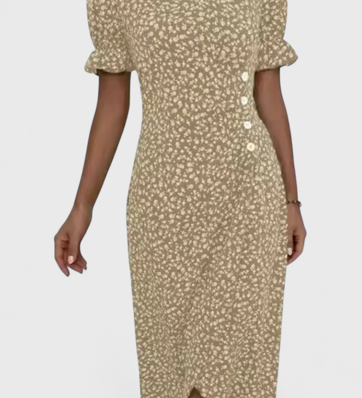 Joana Bloemen Midi Jurk met V-hals en Korte Mouwen
