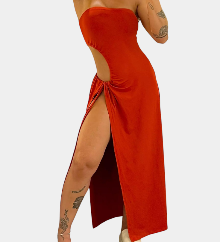 Teuta Strapless Jurk met Zijdetail en Hoge Split