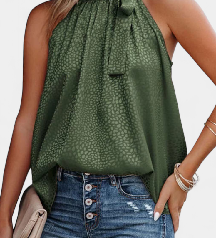 Adela Luipaardprint Mouwloze Top met Hoge Hals en Strik