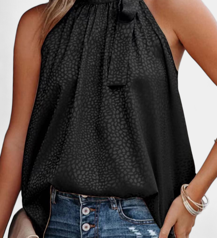 Adela Luipaardprint Mouwloze Top met Hoge Hals en Strik