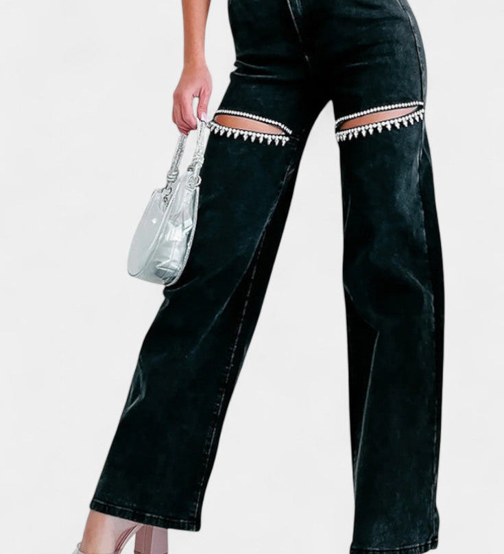 Evian Ripped Straight-Leg Jeans met Strass