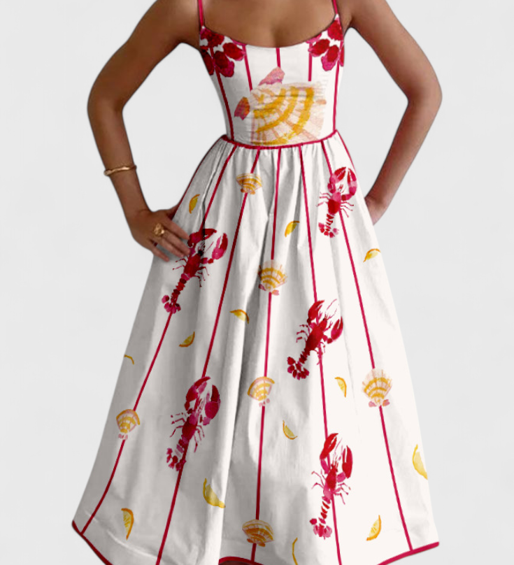 Maricela Vintage Jurk met Bandjes en Sardineprint