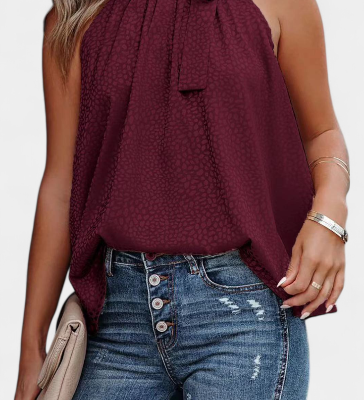 Adela Luipaardprint Mouwloze Top met Hoge Hals en Strik