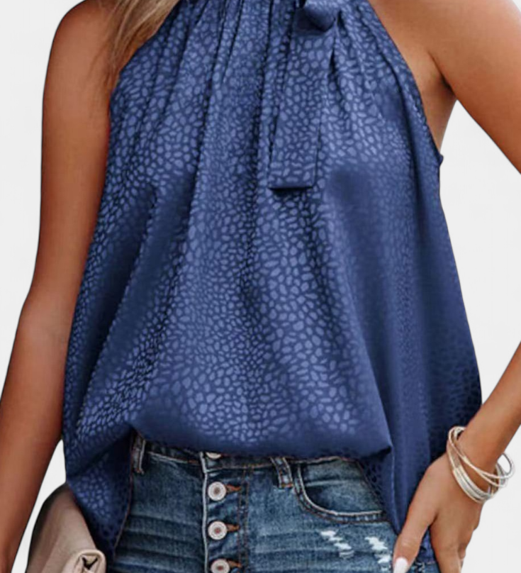 Adela Luipaardprint Mouwloze Top met Hoge Hals en Strik