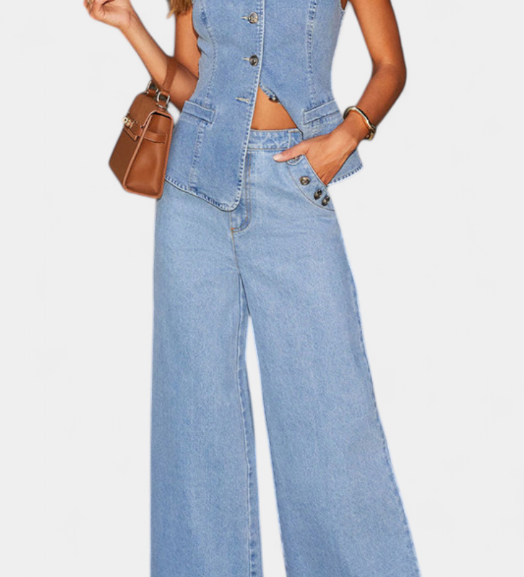 Ludovica Denim Set met Aansluitende Vest en Wijde Jeans