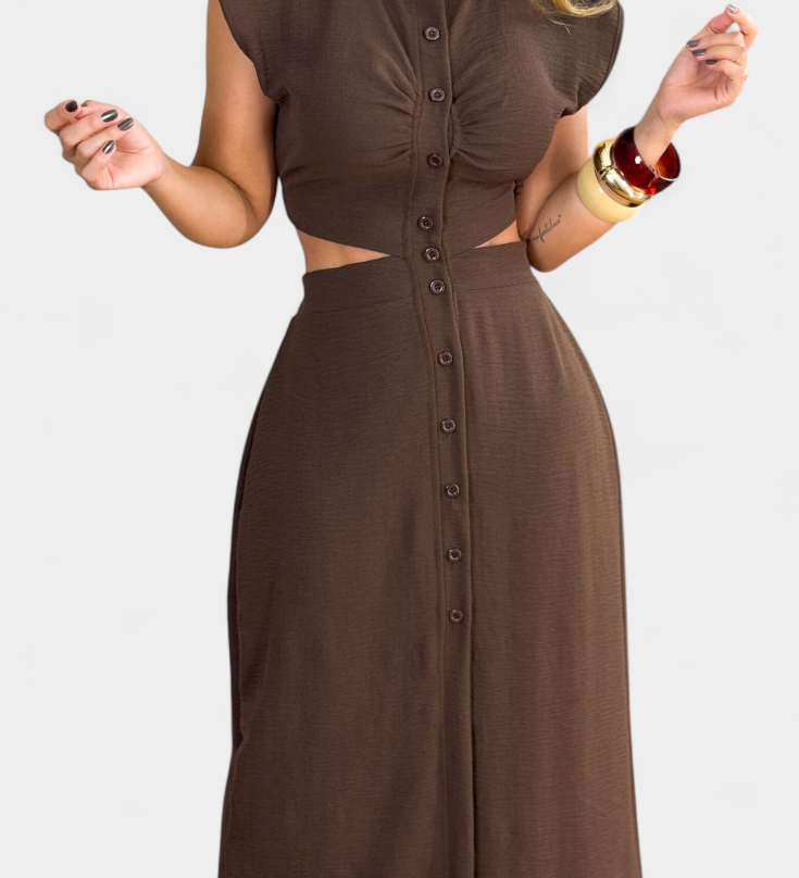 Griselda Midi Jurk met Knopen en Open Taille