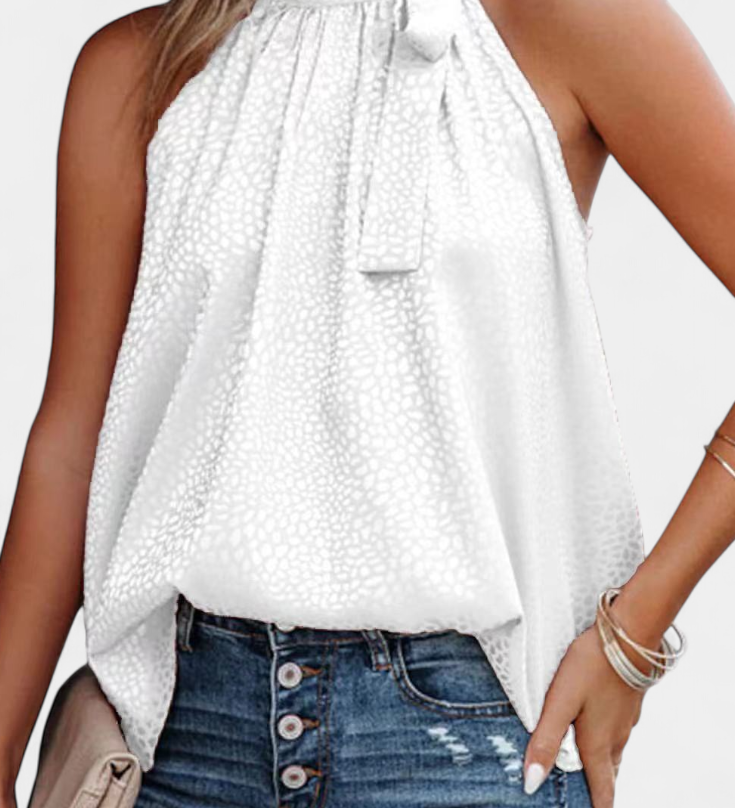Adela Luipaardprint Mouwloze Top met Hoge Hals en Strik