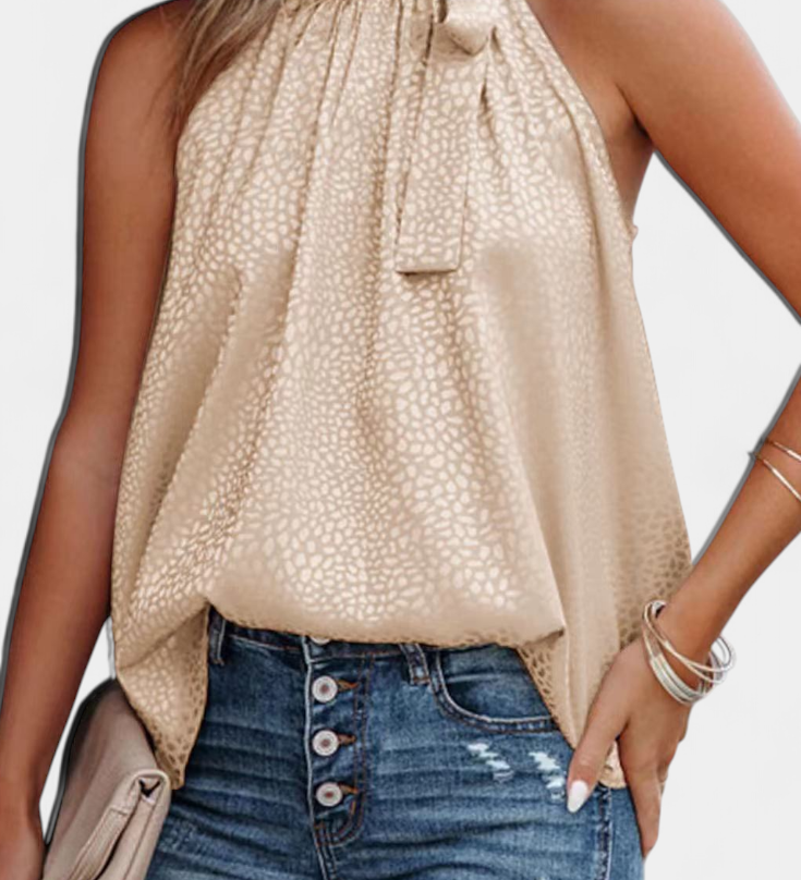 Adela Luipaardprint Mouwloze Top met Hoge Hals en Strik