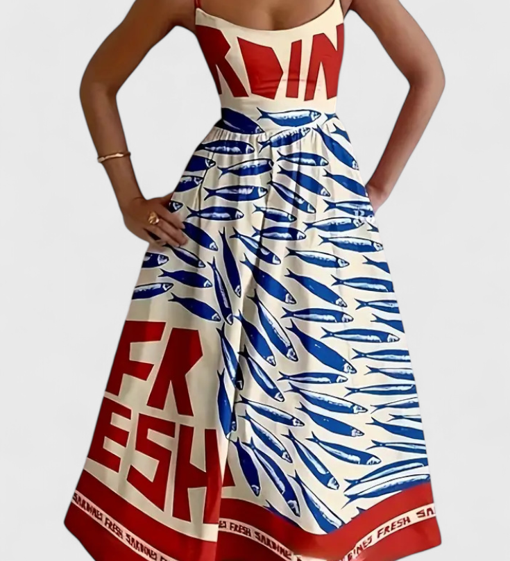 Maricela Vintage Jurk met Bandjes en Sardineprint