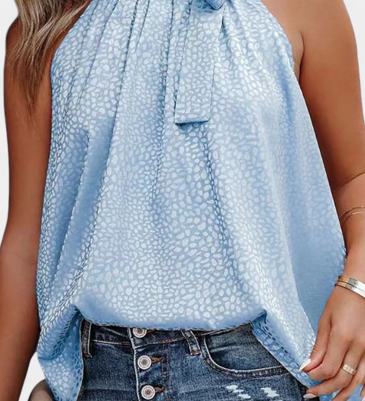 Adela Luipaardprint Mouwloze Top met Hoge Hals en Strik