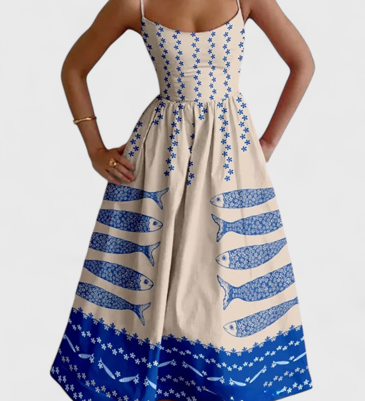 Maricela Vintage Jurk met Bandjes en Sardineprint