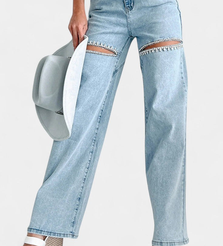 Evian Ripped Straight-Leg Jeans met Strass