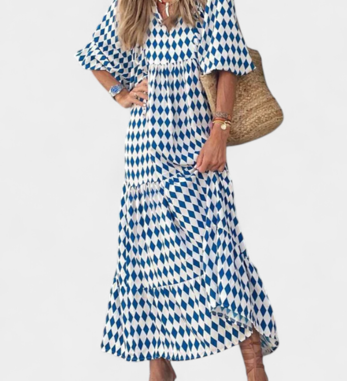 Aroa Boho Jurk met Artistieke Print en Vloeiende Silhouet