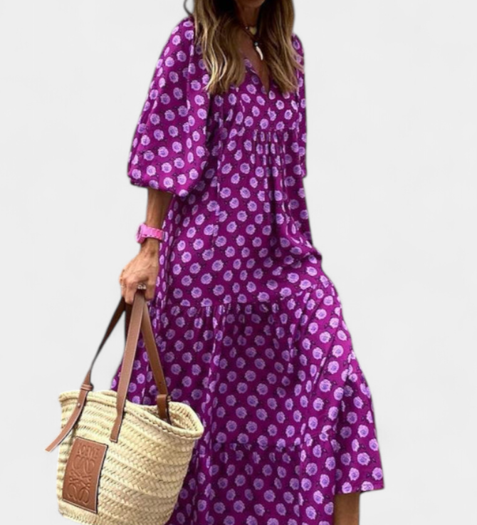 Aroa Boho Jurk met Artistieke Print en Vloeiende Silhouet