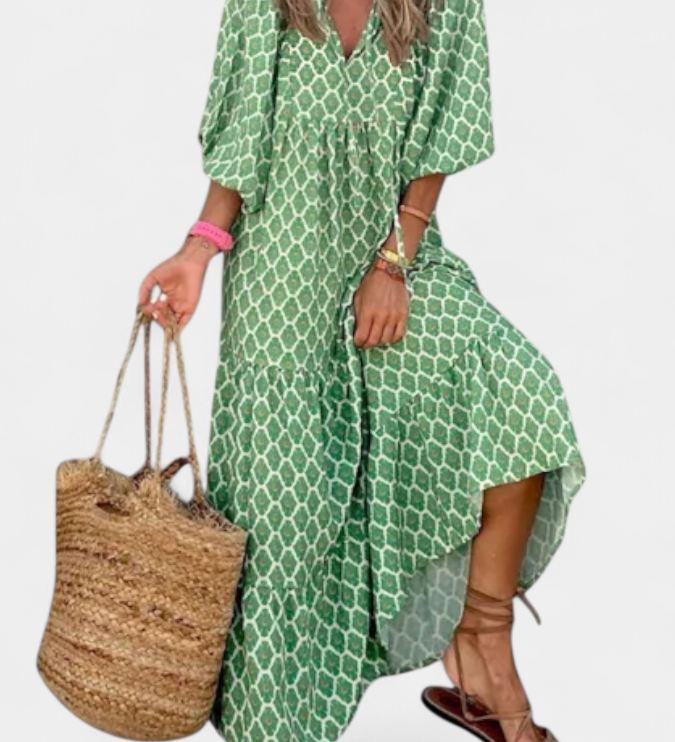 Aroa Boho Jurk met Artistieke Print en Vloeiende Silhouet