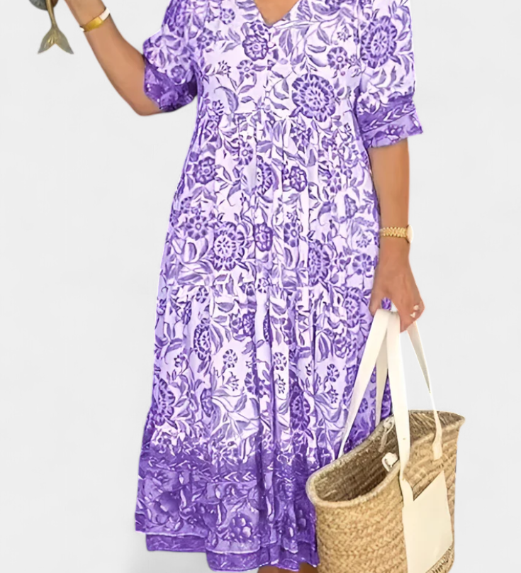 Elcira Bohemian Bloemenjurk met V-hals en Ruches