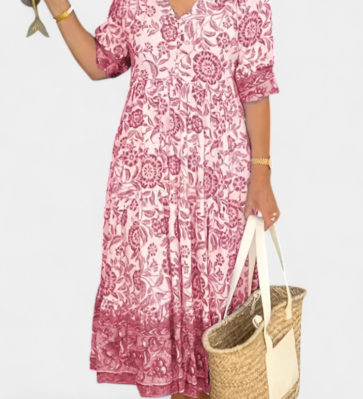 Elcira Bohemian Bloemenjurk met V-hals en Ruches