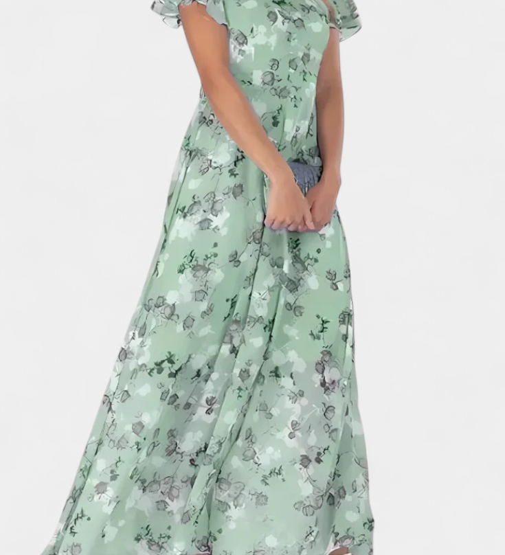Amara Bloemen Maxi Jurk met V-hals en Rimpel Mouwen