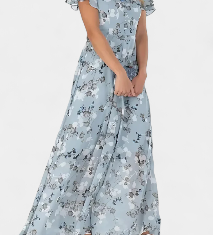 Amara Bloemen Maxi Jurk met V-hals en Rimpel Mouwen