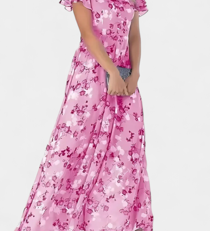 Amara Bloemen Maxi Jurk met V-hals en Rimpel Mouwen