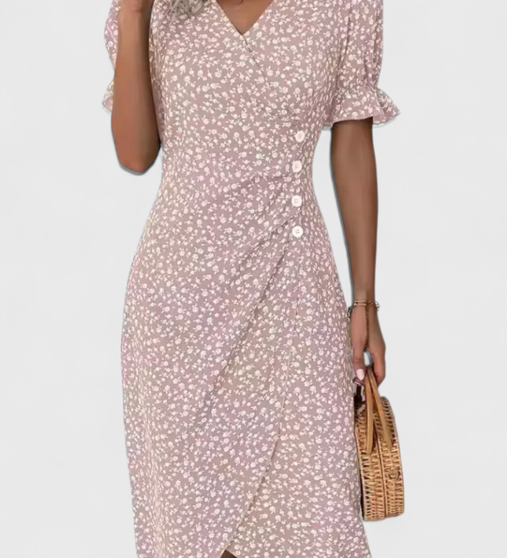 Joana Bloemen Midi Jurk met V-hals en Korte Mouwen