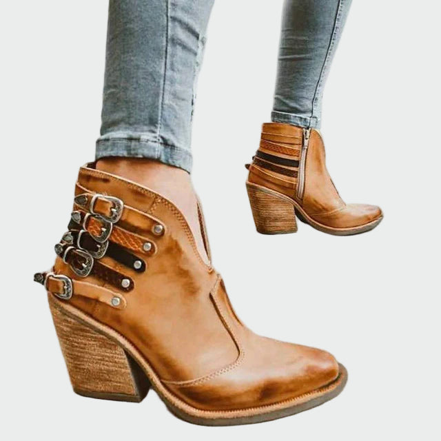 Julia | Retro Leren Enkellaarsjes voor Dames in Zwart