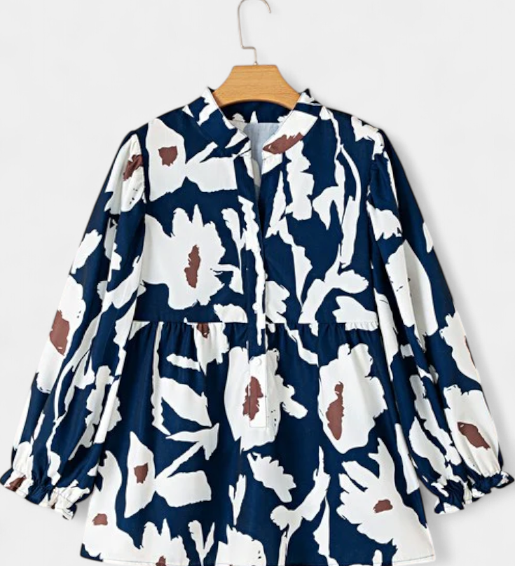 Filomena Blouse met Halve Knopsluiting en Pofmouwen in Abstract Bloemmotief