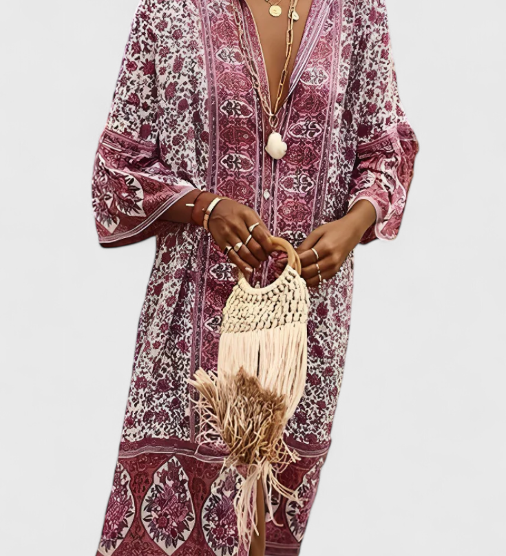 Chinara Boho Lange Jurk met Etnische Borduursels en Ontspannen Silhouet
