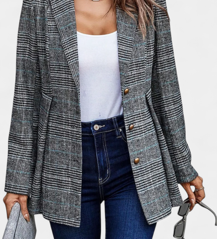Check Peplum Calico Blazer met Notch Lapel