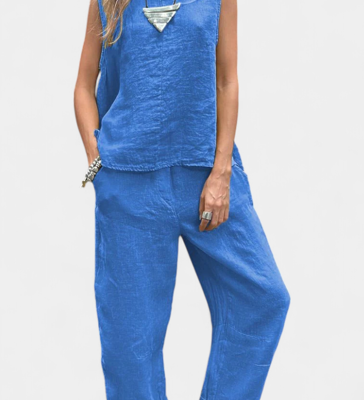Leona Mouwloze Vest en Broek Set van Katoen Linnen
