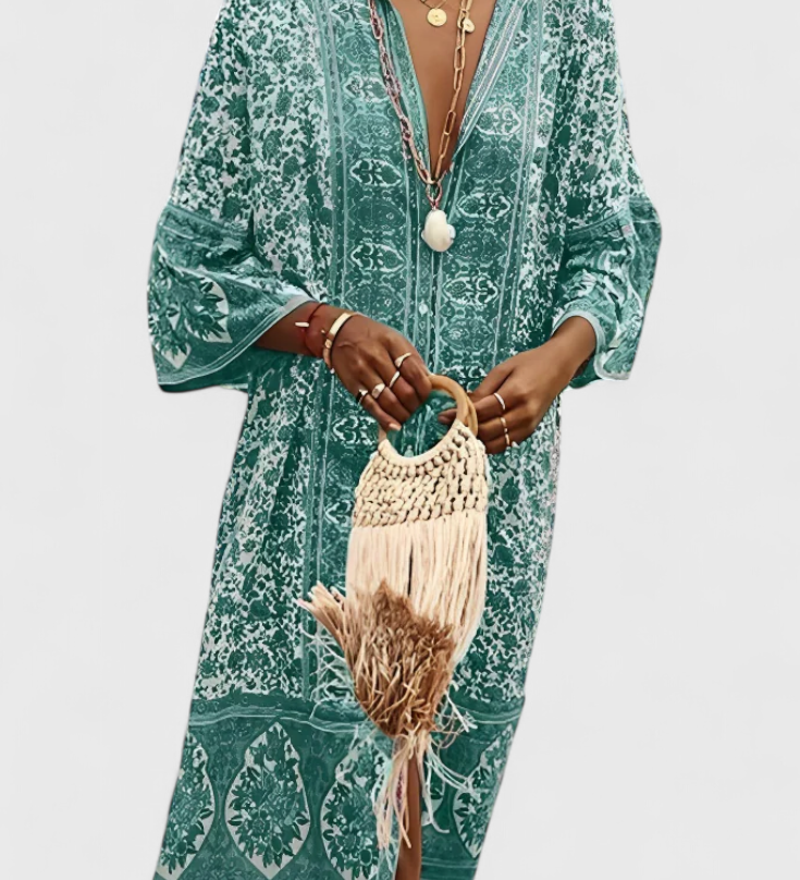 Chinara Boho Lange Jurk met Etnische Borduursels en Ontspannen Silhouet