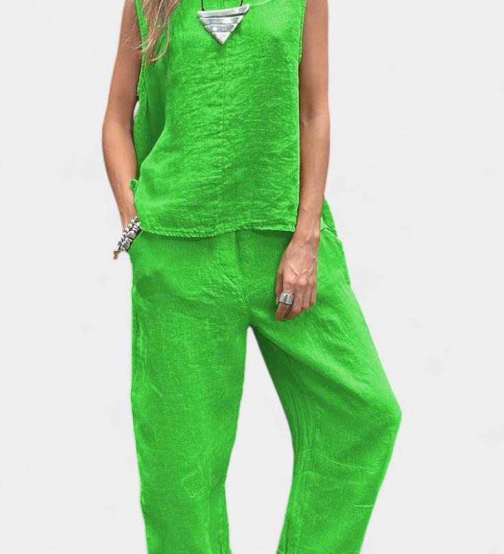 Leona Mouwloze Vest en Broek Set van Katoen Linnen