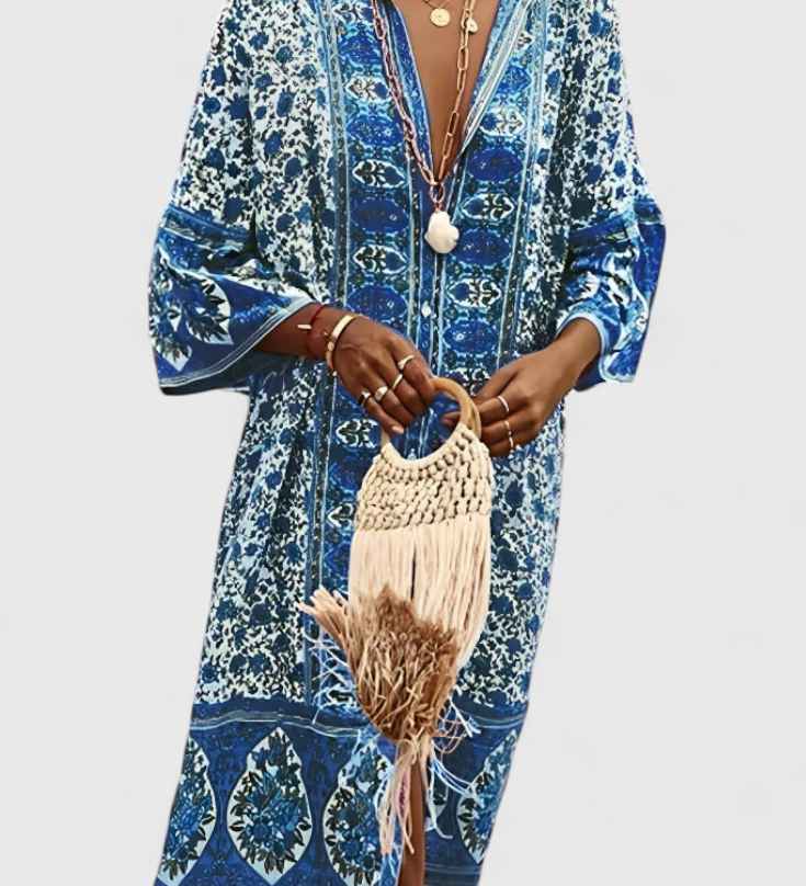 Chinara Boho Lange Jurk met Etnische Borduursels en Ontspannen Silhouet
