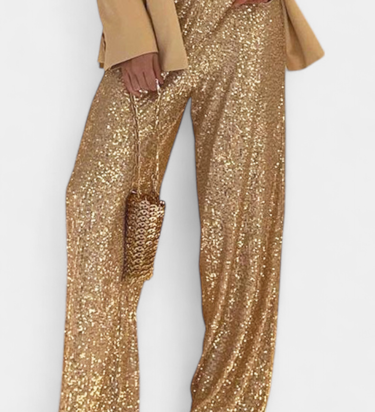 Elva Hoge Taille Pailletten Broek met Relaxte Pasvorm