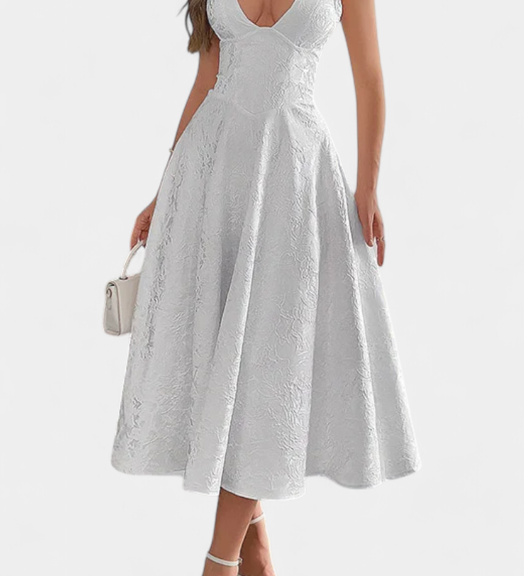 Gilda Jacquard Midi-jurk met Open Rug en Hoge Taille