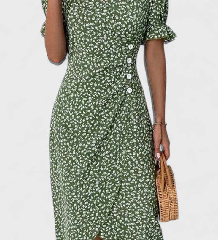Joana Bloemen Midi Jurk met V-hals en Korte Mouwen