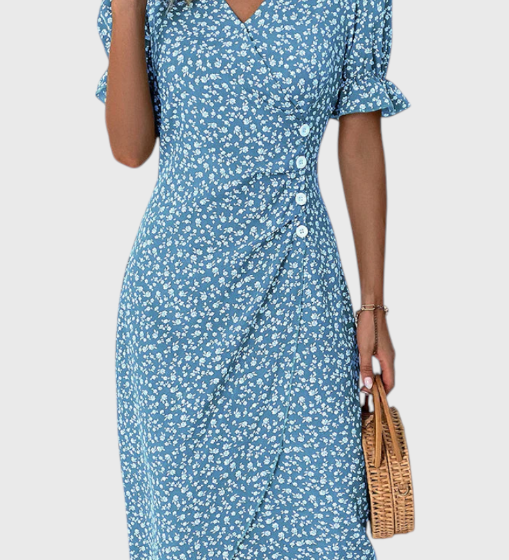 Joana Bloemen Midi Jurk met V-hals en Korte Mouwen