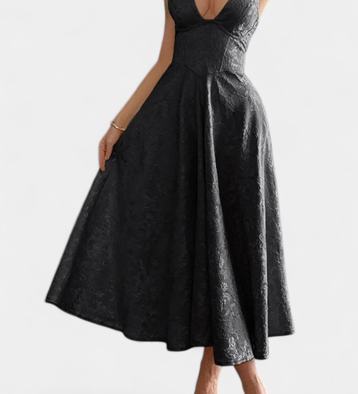 Gilda Jacquard Midi-jurk met Open Rug en Hoge Taille