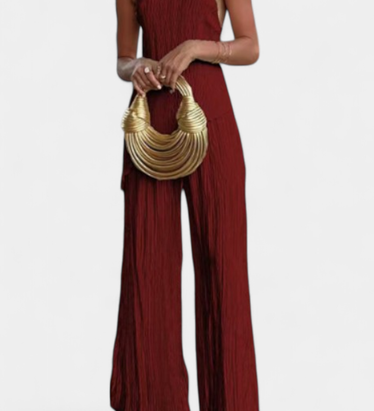 Pilarica Elegante Plissé Asymmetrische Top en Vloeiende Broek Set