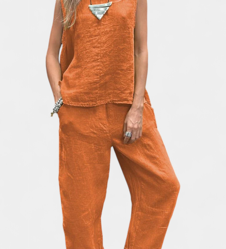 Leona Mouwloze Vest en Broek Set van Katoen Linnen