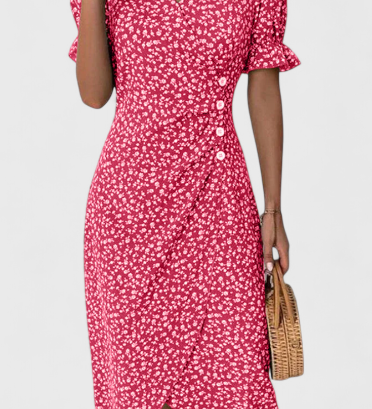 Joana Bloemen Midi Jurk met V-hals en Korte Mouwen