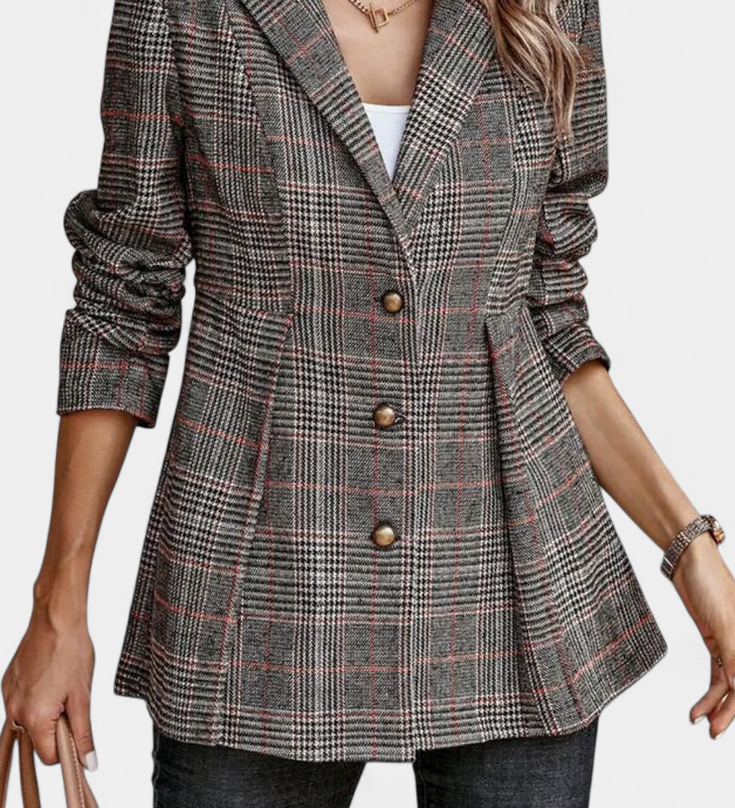 Check Peplum Calico Blazer met Notch Lapel