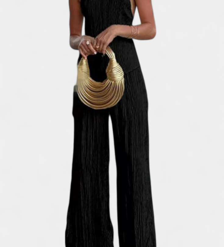 Pilarica Elegante Plissé Asymmetrische Top en Vloeiende Broek Set
