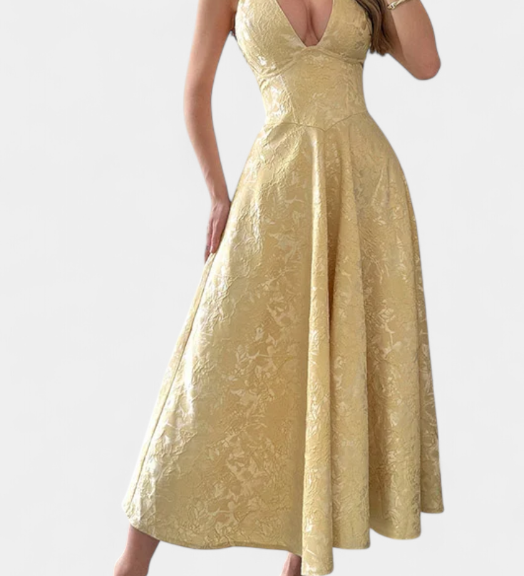 Gilda Jacquard Midi-jurk met Open Rug en Hoge Taille