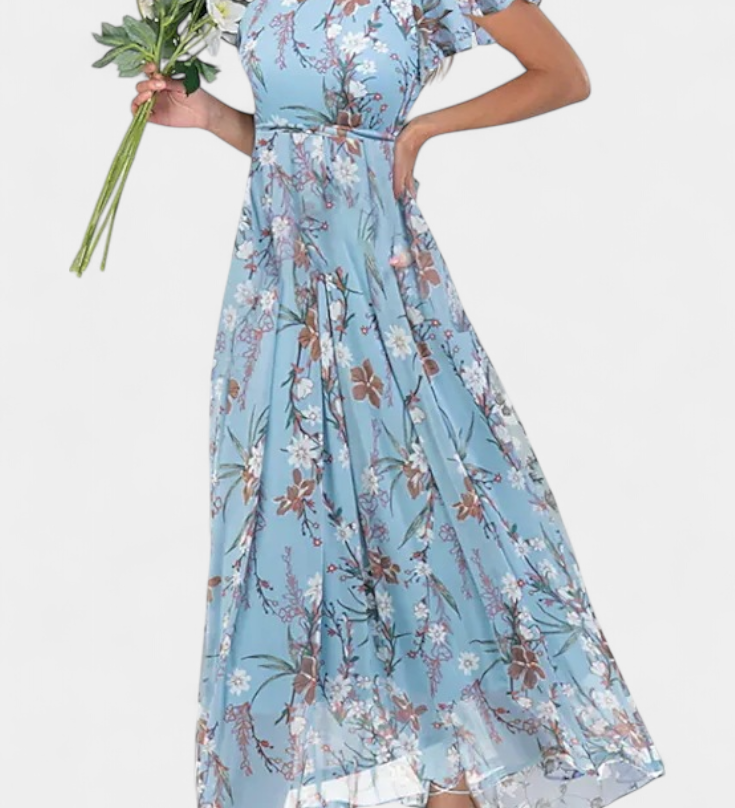 Amara Bloemen Maxi Jurk met V-hals en Rimpel Mouwen