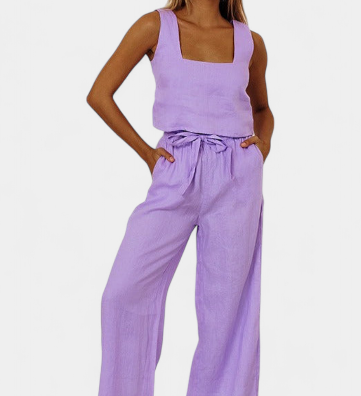 Pascuala Twee-delig Linnen Set met Mouwloze Blouse en Vloeiende Broek