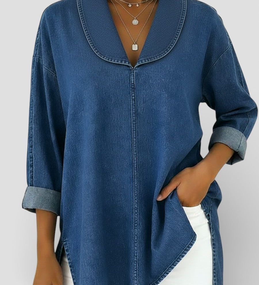Alicia™ | Retro Denim Blouse met Sjaalkraag