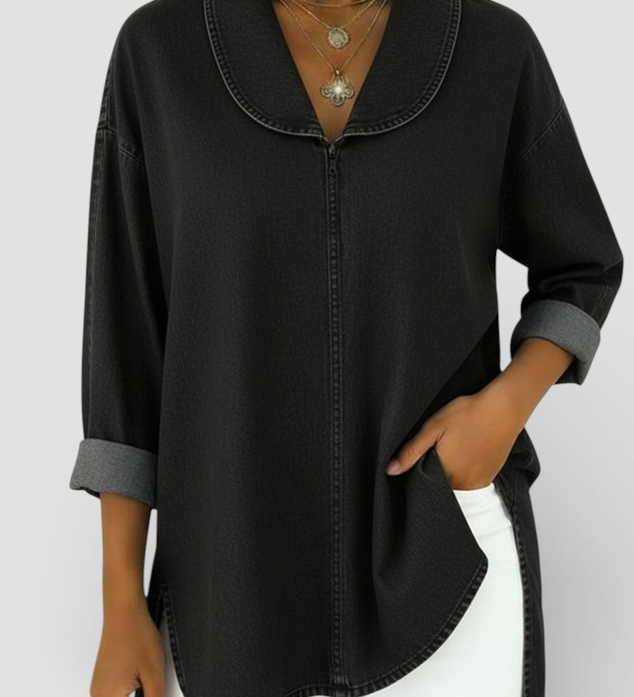 Alicia™ | Retro Denim Blouse met Sjaalkraag
